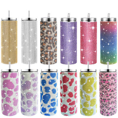 Rhinestone Bling Diamond Glitter Tubarão térmico de aço inoxidável ótimo para café chá água cerveja inclui tampa e palha