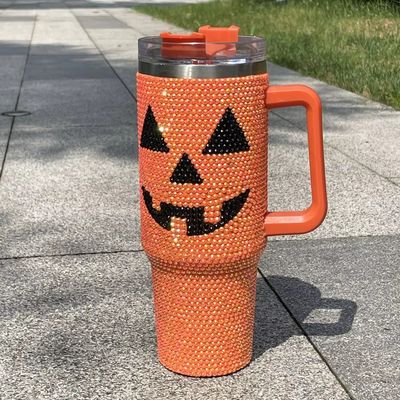 Desenho de Halloween 40oz Rhinestone Tumbler com padrão de abóbora e aço inoxidável