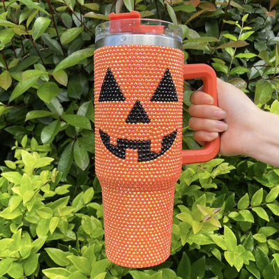 Desenho de Halloween 40oz Rhinestone Tumbler com padrão de abóbora e aço inoxidável