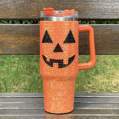 Desenho de Halloween 40oz Rhinestone Tumbler com padrão de abóbora e aço inoxidável
