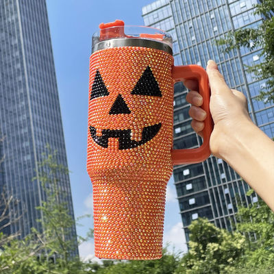 Desenho de Halloween 40oz Rhinestone Tumbler com padrão de abóbora e aço inoxidável
