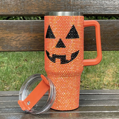 Desenho de Halloween 40oz Rhinestone Tumbler com padrão de abóbora e aço inoxidável