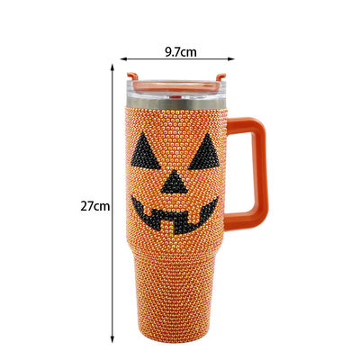 Desenho de Halloween 40oz Rhinestone Tumbler com padrão de abóbora e aço inoxidável